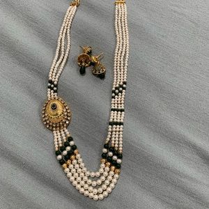 Long pearl and kundan necklace with drop earrings